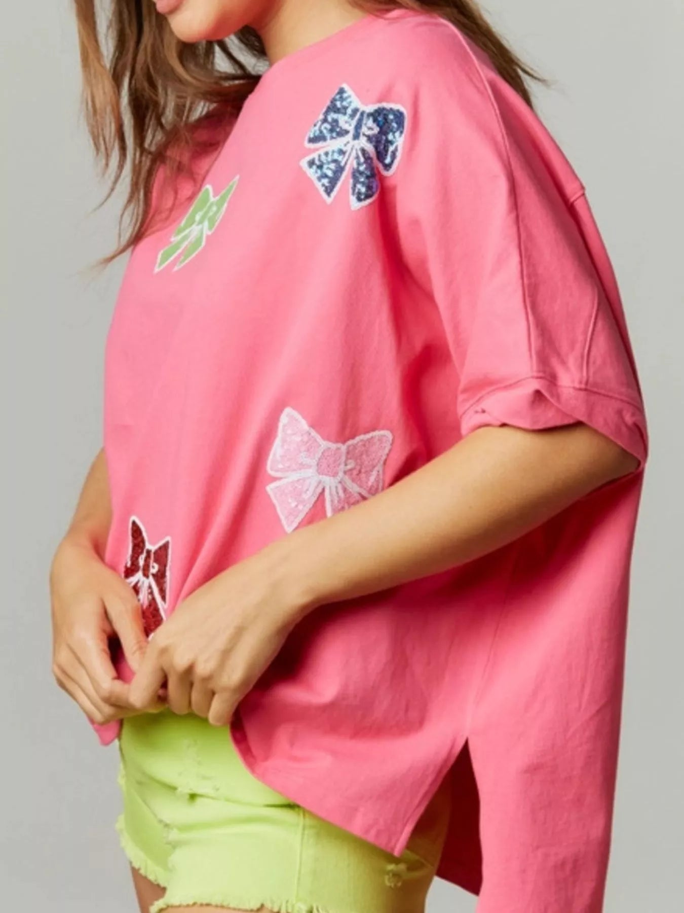 Sequin Bow Round Neck T-Shirt OutfitFlow