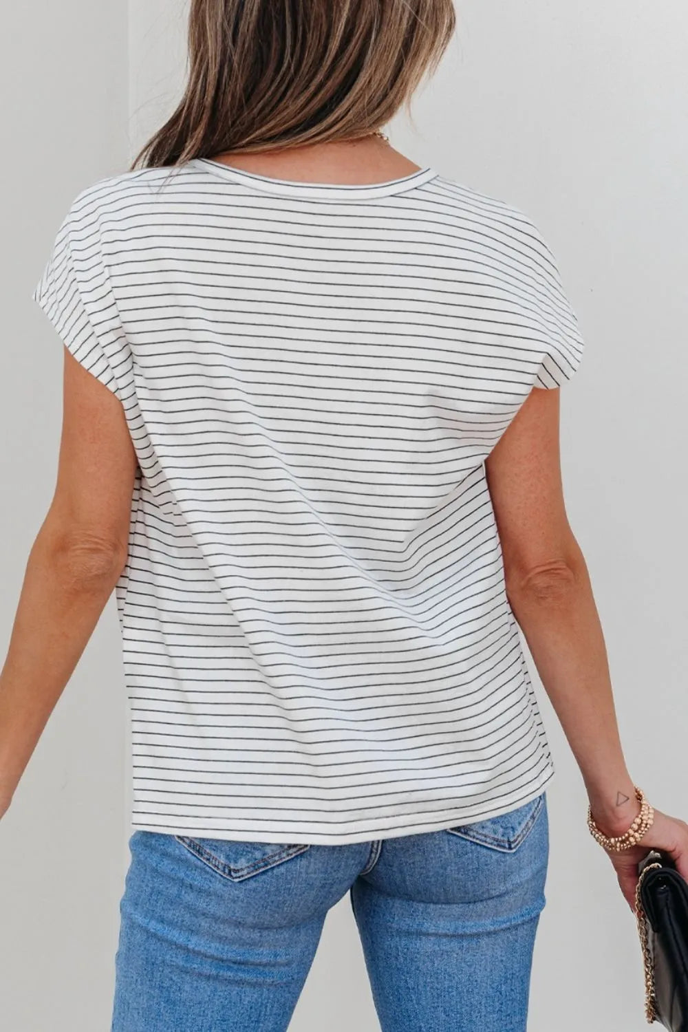 Stripe Cap Sleeve Crew Neck Casual Tee with Chest Pocket OutfitFlow