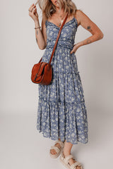 Floral Spaghetti Strap Frilled V Neck Tiered Midi Dress OutfitFlow