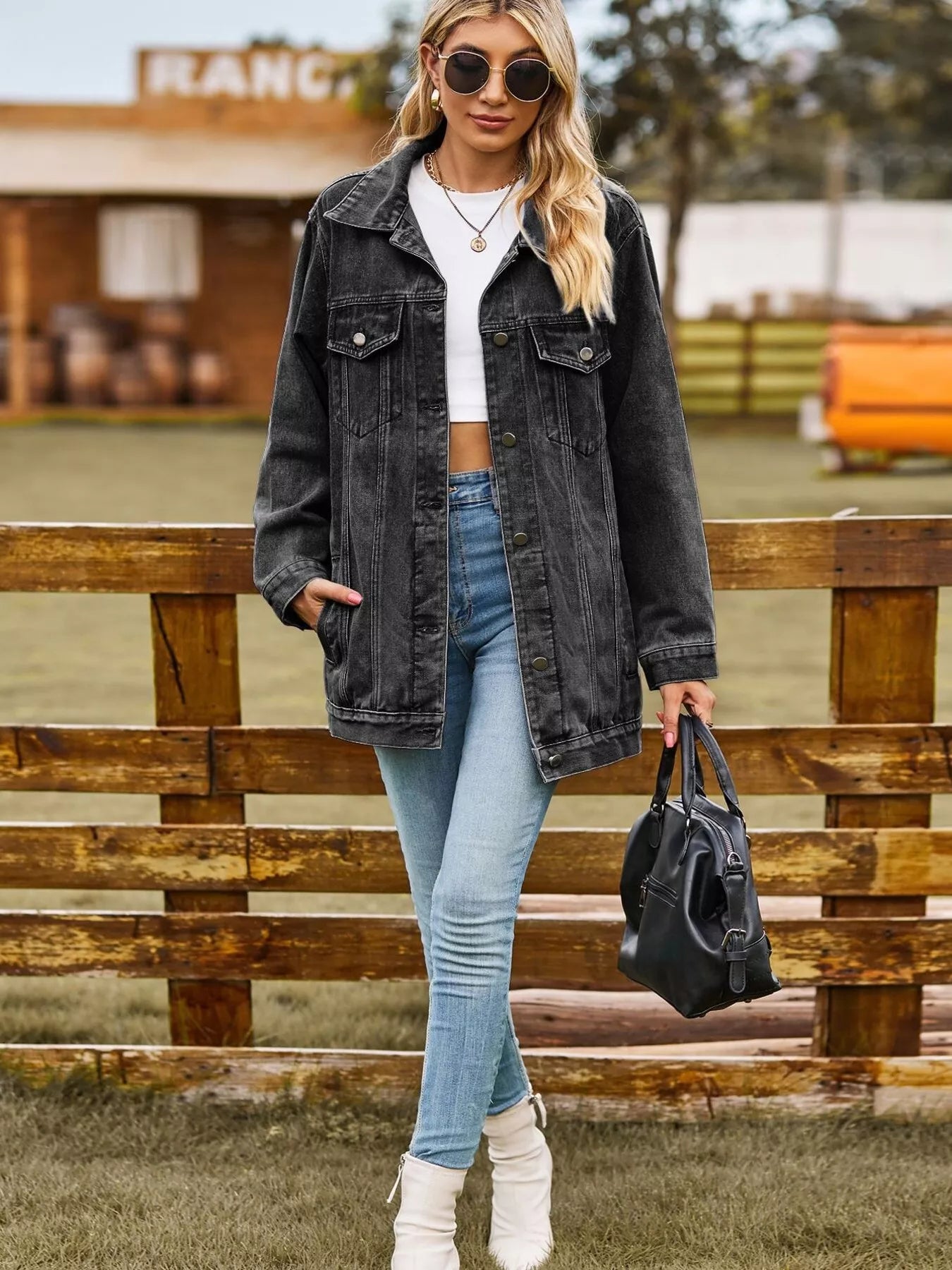 Button Up Long Sleeve Denim Jacket OutfitFlow