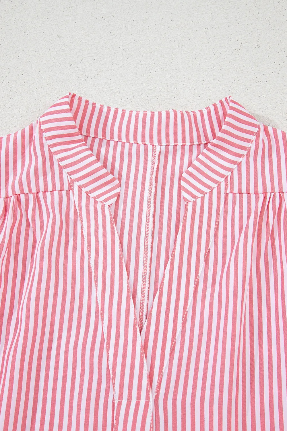 Stripe Notched Neck Frilled Short Puff Sleeve Blouse OutfitFlow