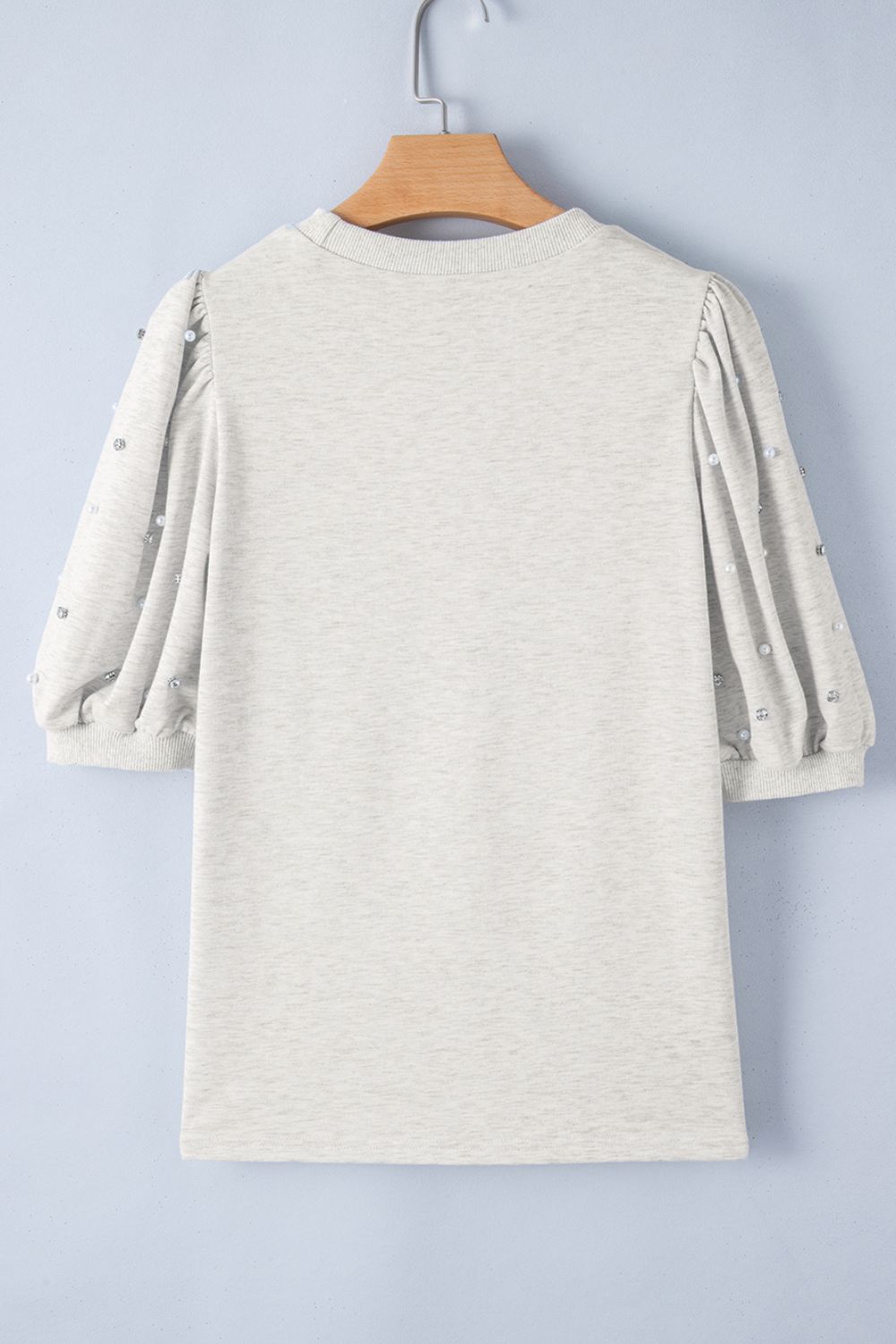 Rhinestone Pearl Detail Round Neck Puff Sleeve Top OutfitFlow