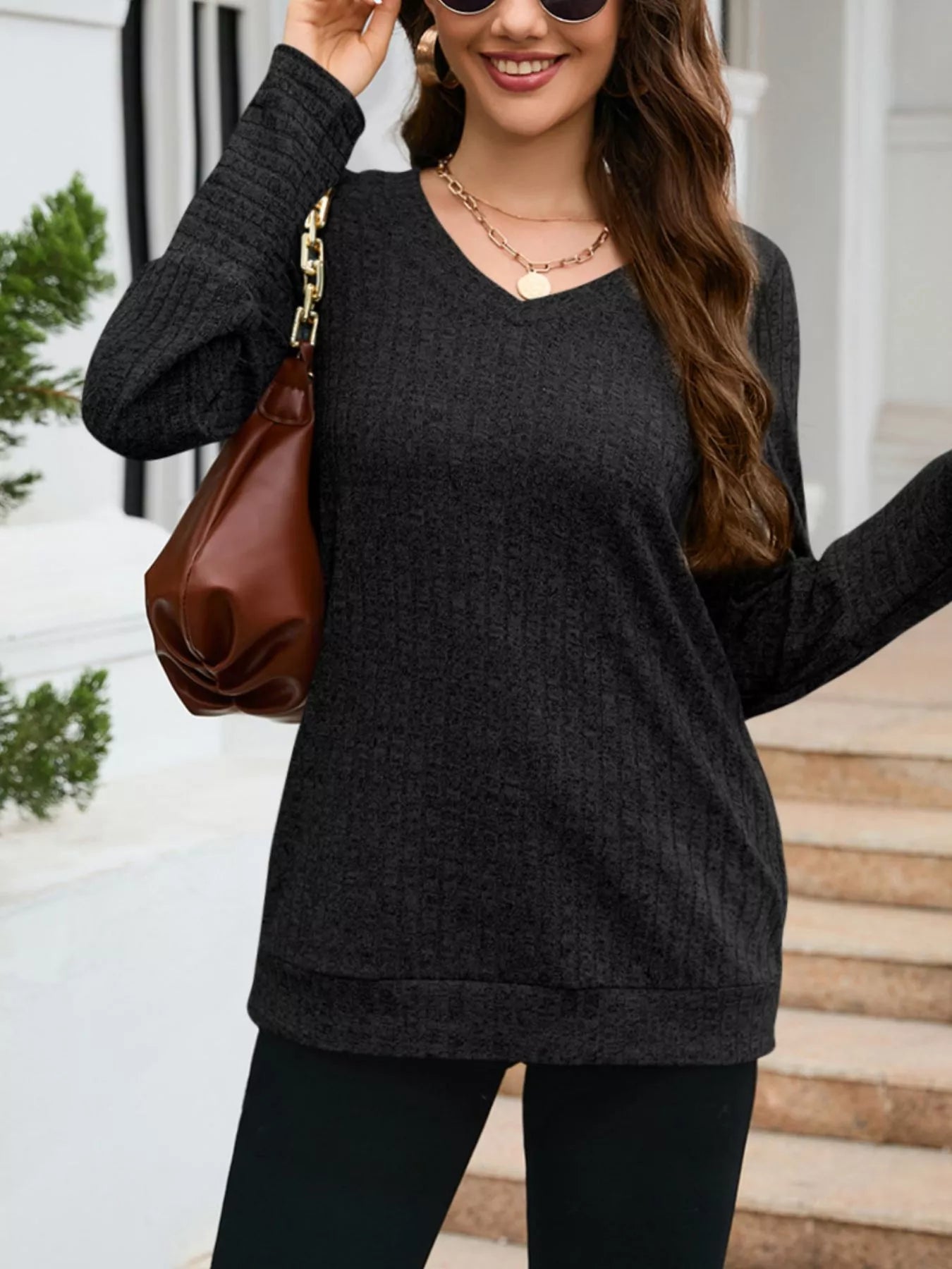 V-Neck Textured Knit Long Sleeve T-Shirt OutfitFlow