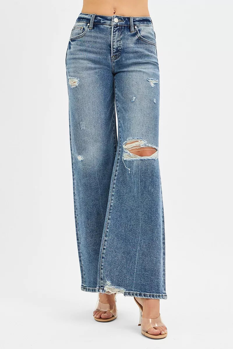 RISEN Tummy Control Mid Rise Fit Wide Jeans OutfitFlow