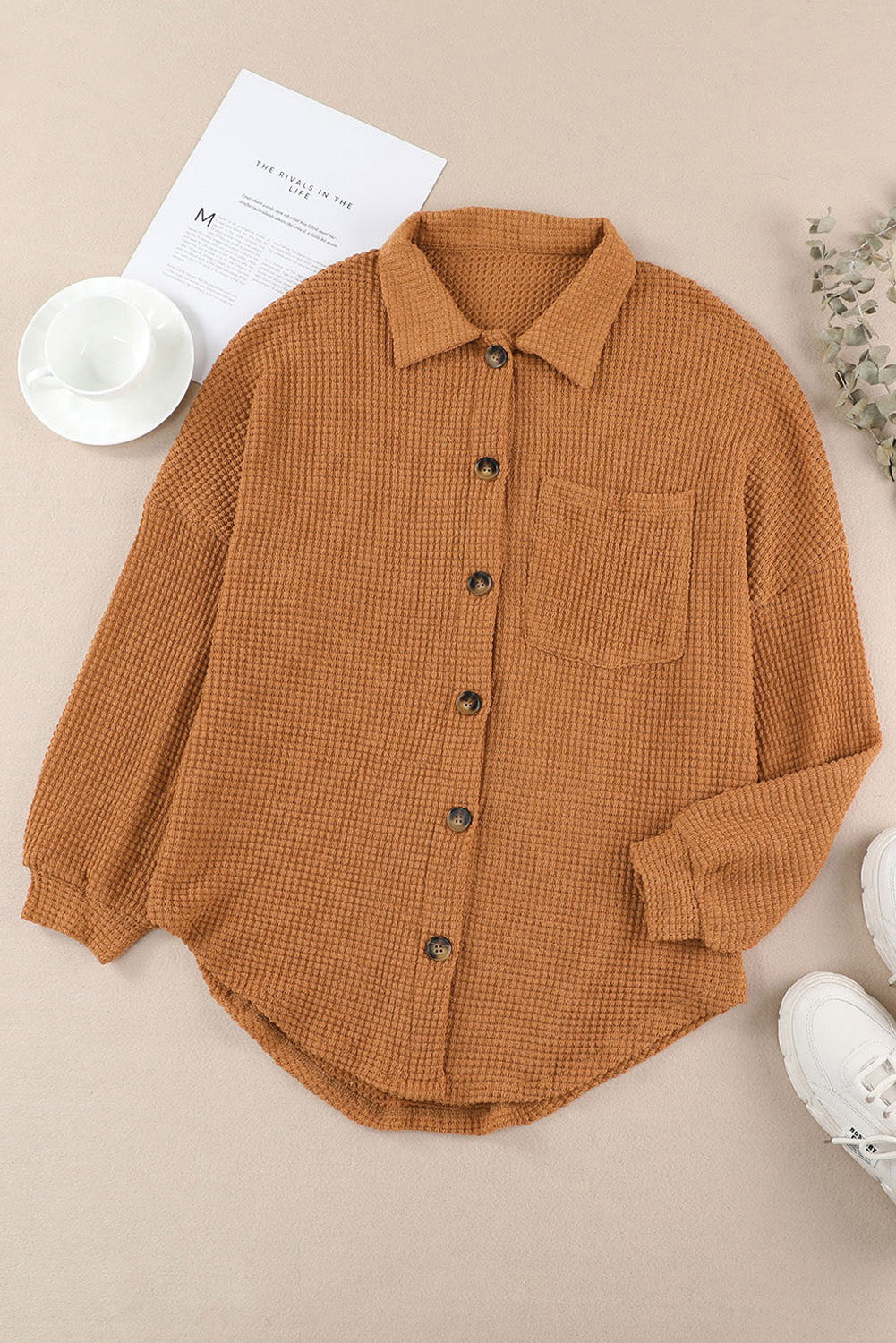 Outfit Flow - Waffle-Knit Collared Neck Long Sleeve Shirt