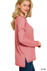 Zenana Full Size Melange Hacci Exposed Seam Hi-low Tee Plus Size OutfitFlow