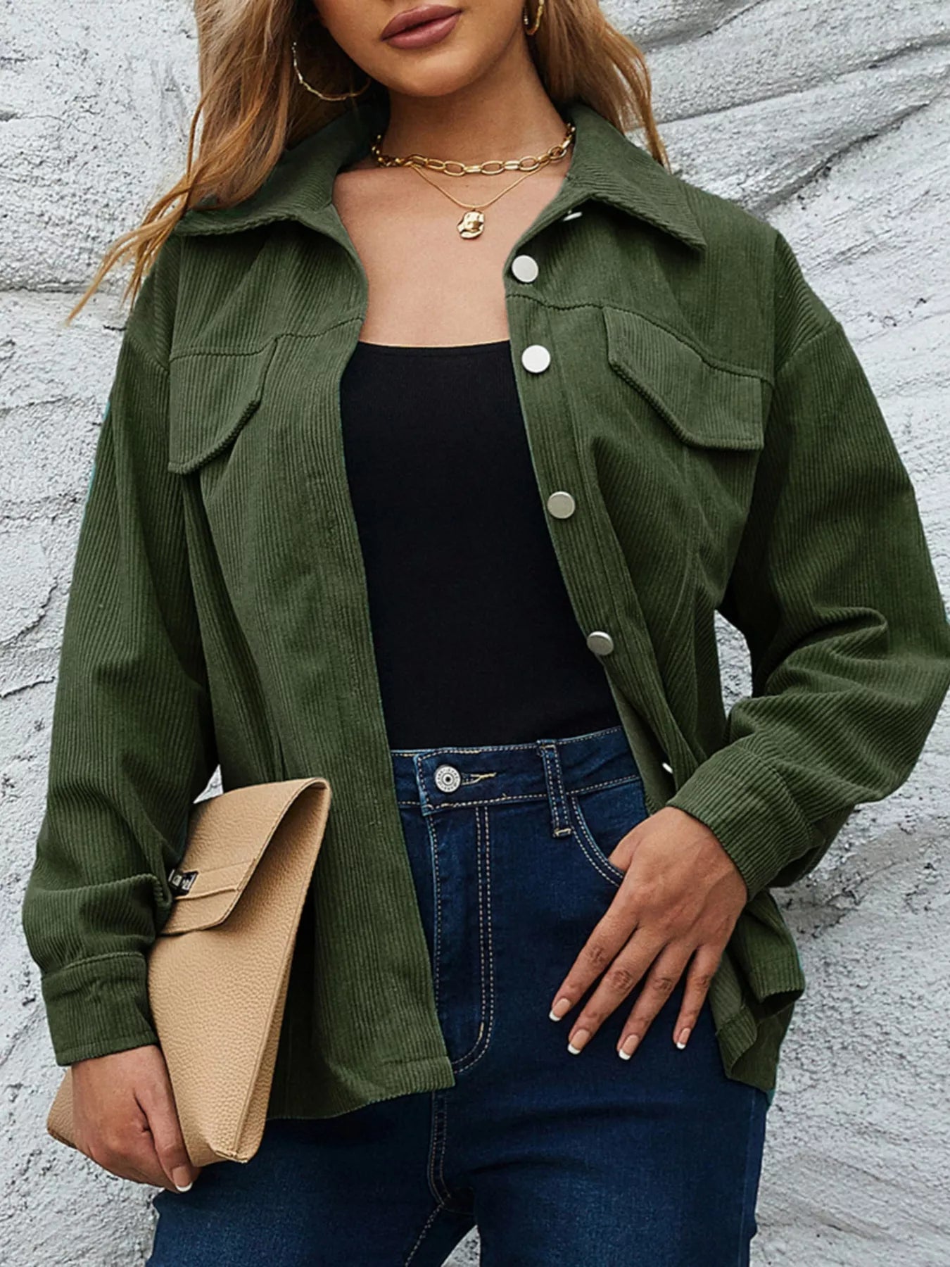 Corduroy Button-Down Shacket Black Forest OutfitFlow