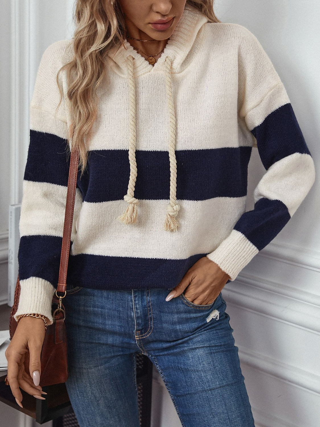 Outfit Flow - Drawstring Contrast Stripe Dropped Shoulder Hooded Sweater