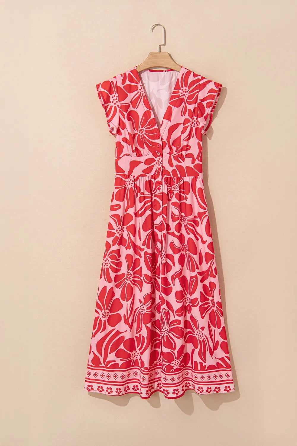 Floral Ruffled V-Neck Midi Dress with Button Front OutfitFlow