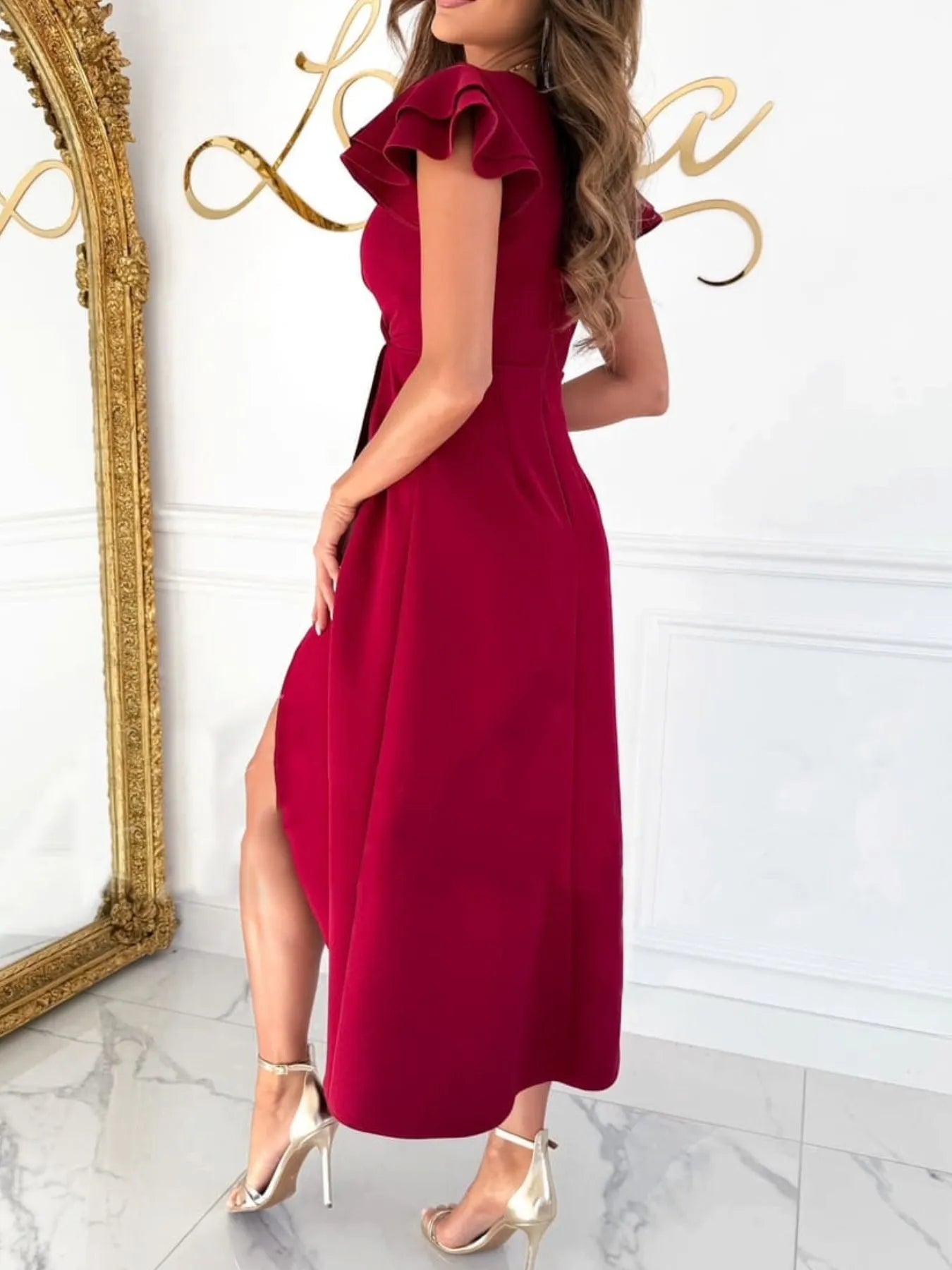 Surplice Ruffled Cap Sleeve Dress OutfitFlow