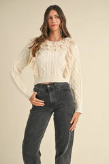 MABLE Ruffled Lace Crochet Sweater Cream Trendsi