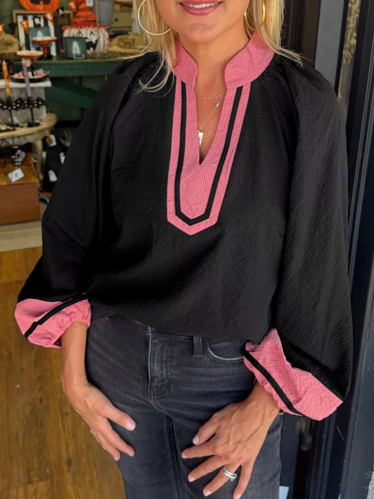 Color Block Patchwork Detail Textured Long Sleeve Blouse Black OutfitFlow