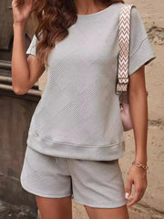 Textured Round Neck Top and Shorts Two-Piece Set OutfitFlow
