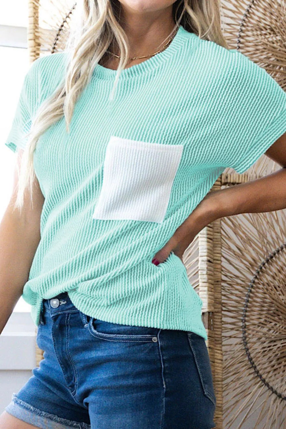 Corded Knit Color Block Pocketed Crew Neck T Shirt OutfitFlow