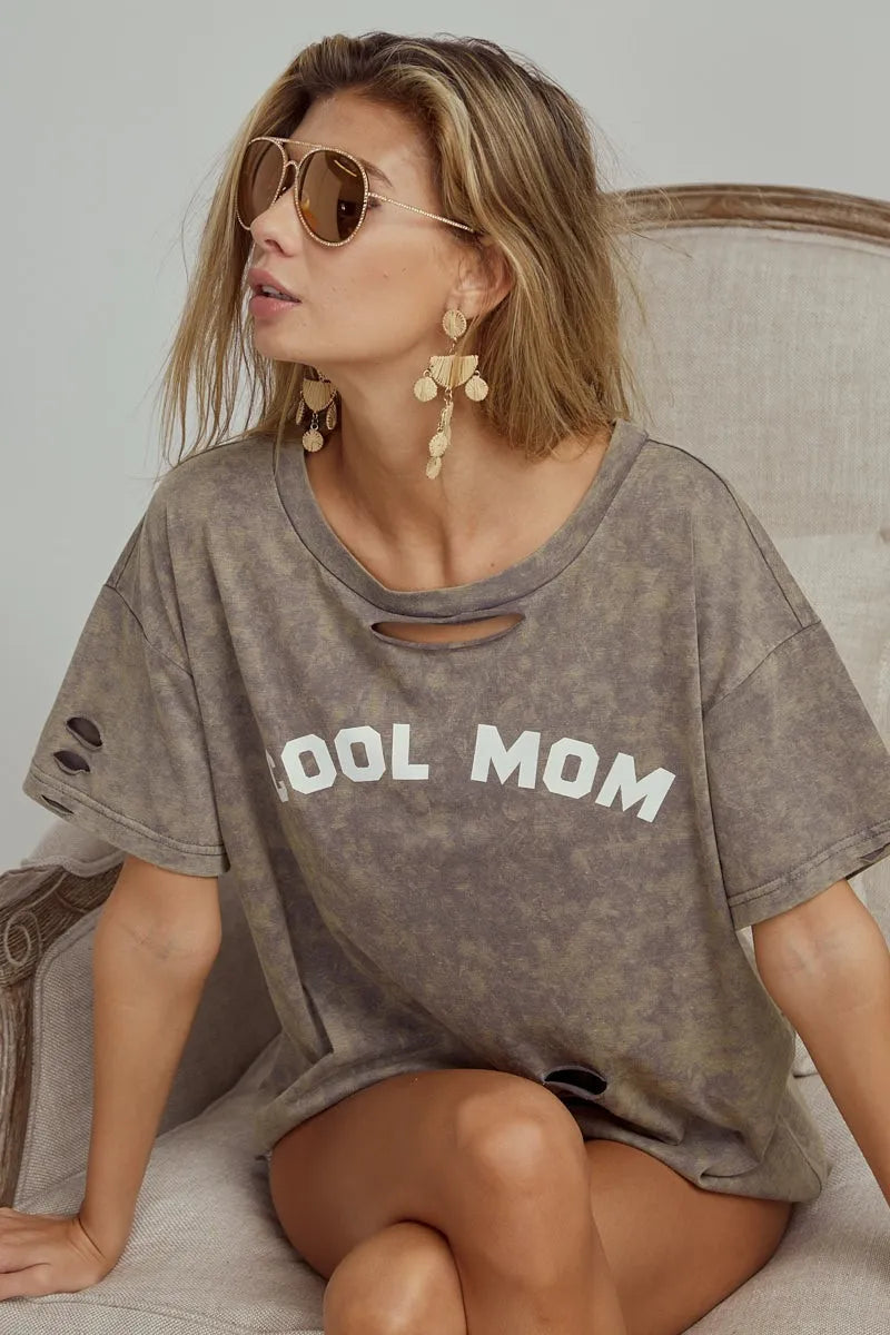 BiBi Washed Laser Cut Detail Cool Mom Print Top OutfitFlow