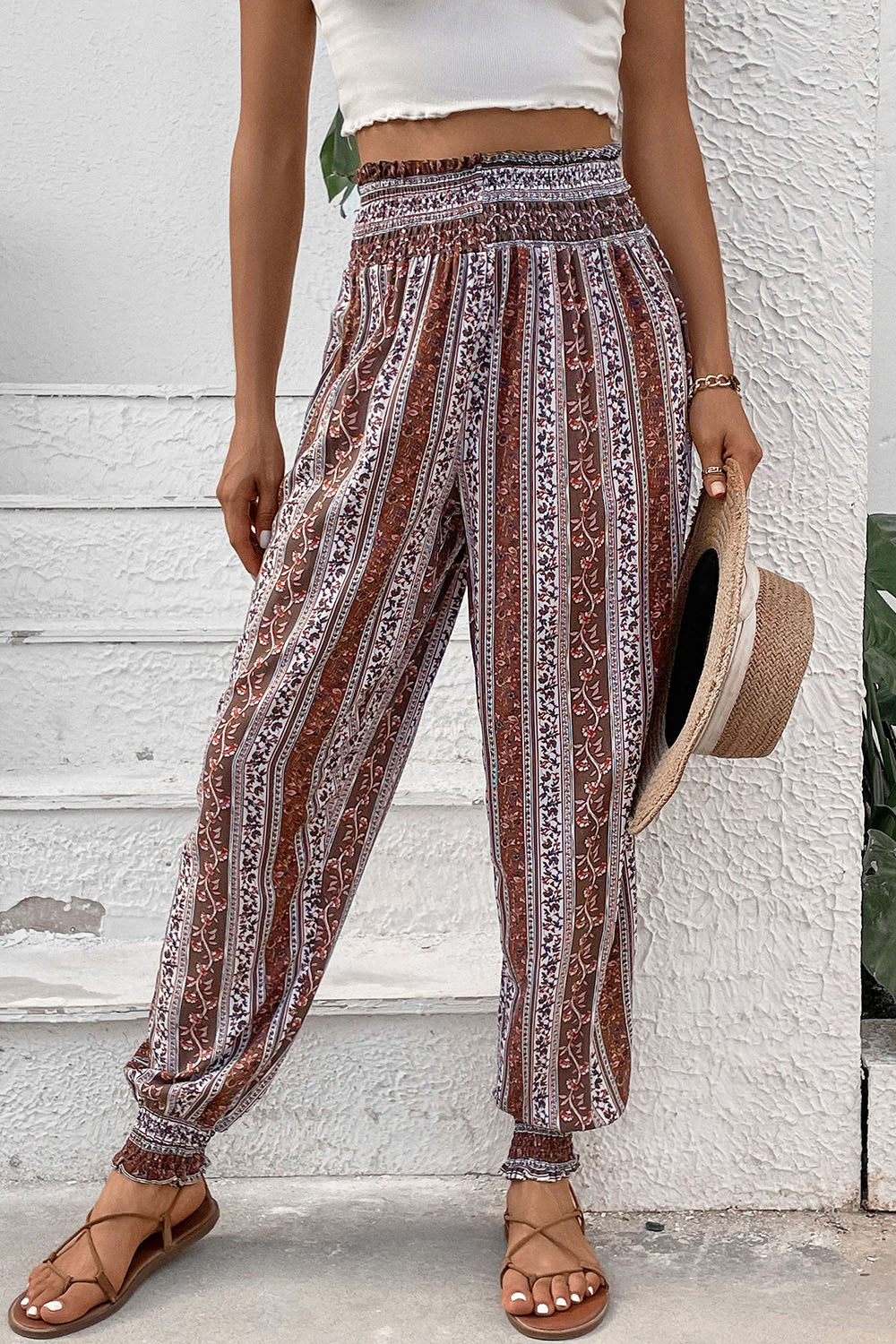 Outfit Flow - Perfee Smocked Printed High Waist Pants