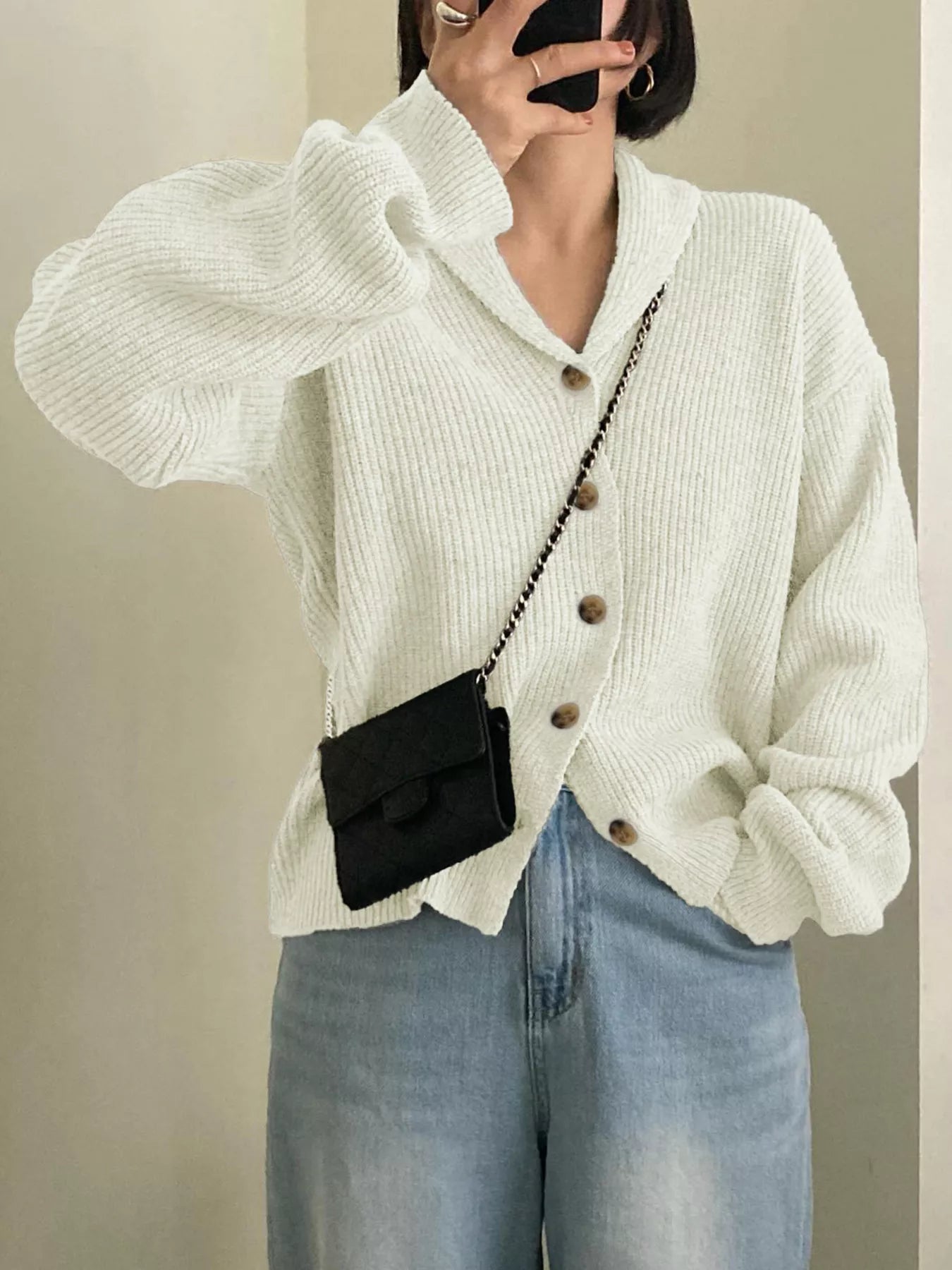 Button-Down Dropped Shoulder Cardigan Gray white OutfitFlow