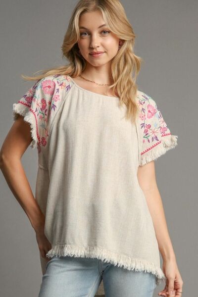 Umgee Full Size Linen Round Neck High Low Hem Frayed Top Plus Size OutfitFlow