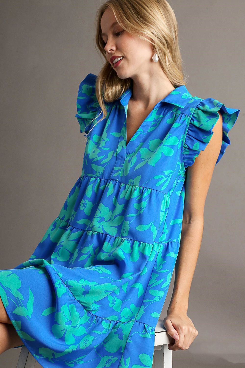 Umgee Full Size Floral Print Ruffle Cap Sleeve Tiered Dress Plus Size Blue OutfitFlow