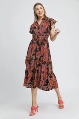 Umgee Mix Ruffle Sleeve Tropical Midi Dress OutfitFlow