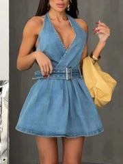 Halter Neck Belted Denim Mini Dress OutfitFlow
