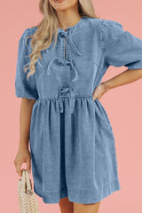 Bowknot Round Neck Half Sleeve Denim Dress