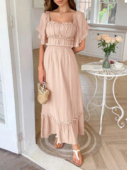 Square Neck Puff Sleeve Ruffle Trim Maxi Dress Coral OutfitFlow