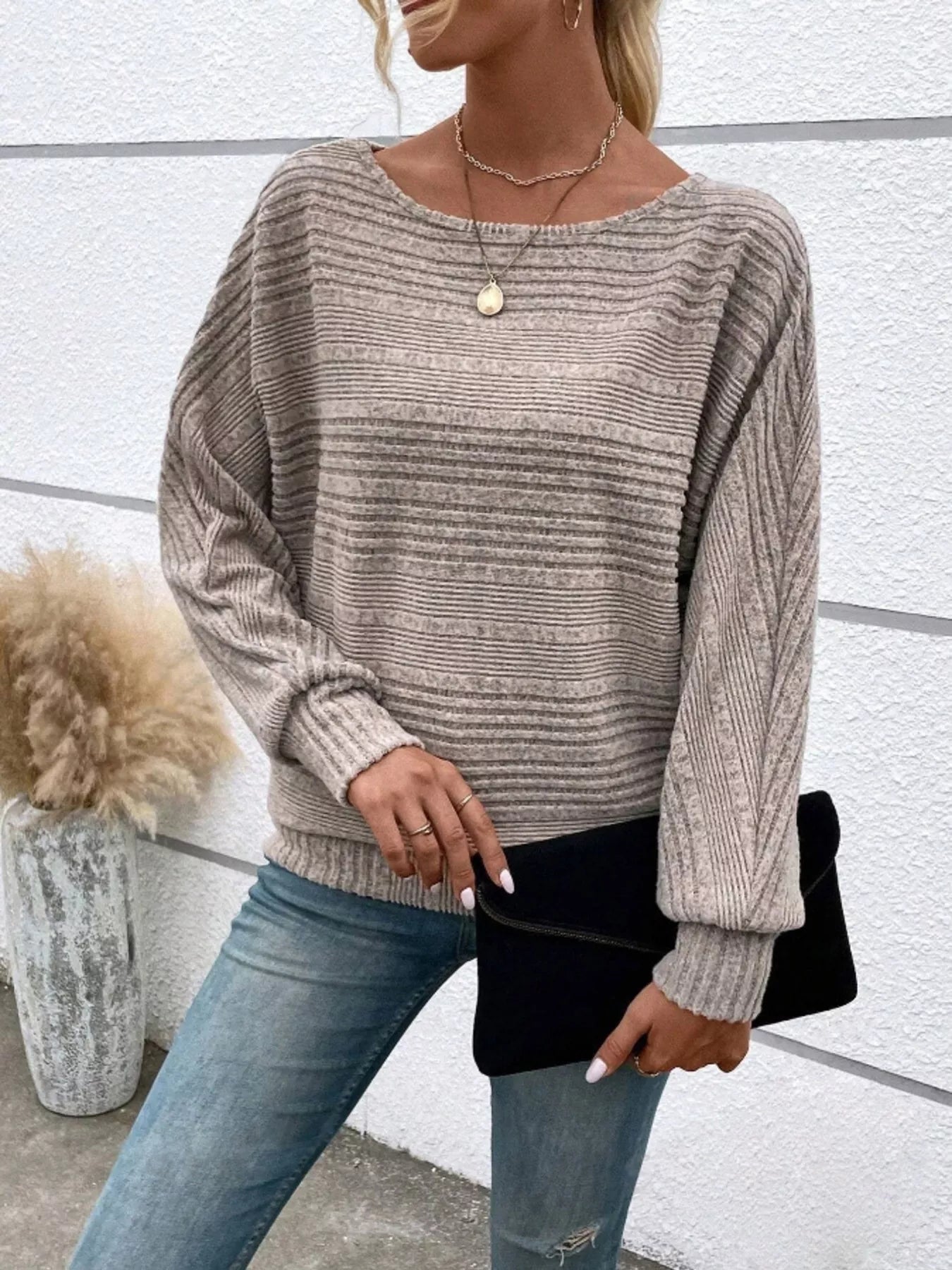 Ribbed Round Neck Long Sleeve Top OutfitFlow