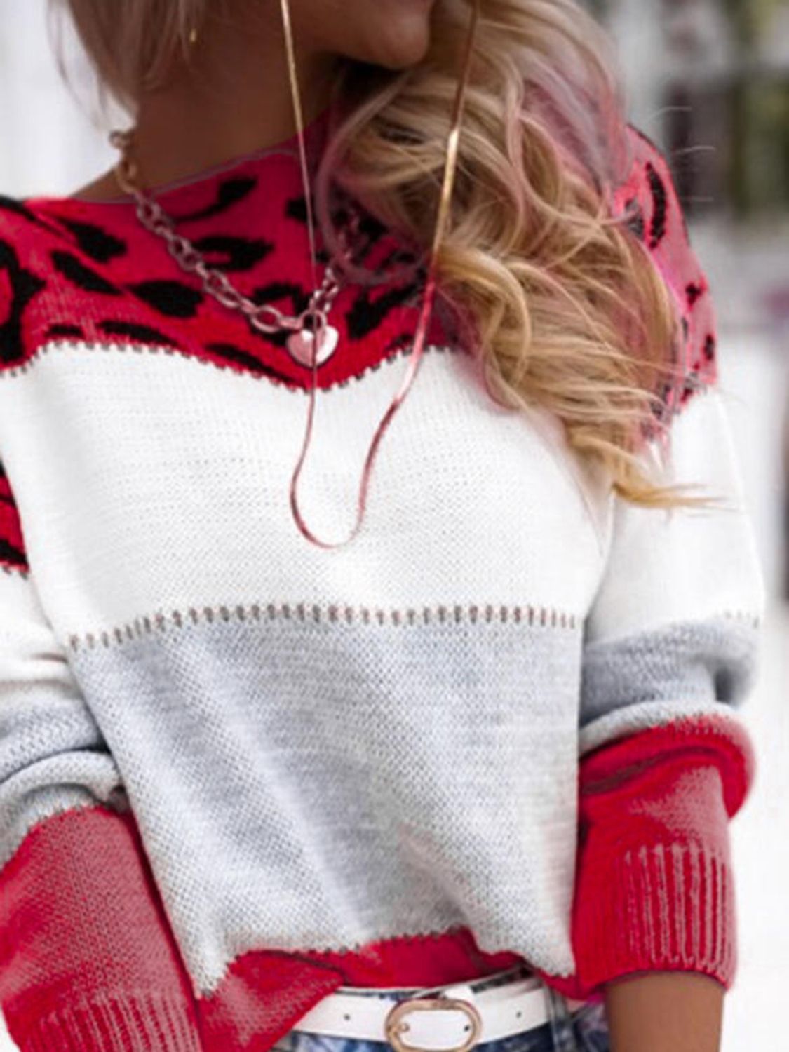 Outfit Flow - Leopard Color Block Round Neck Long Sleeve Sweater