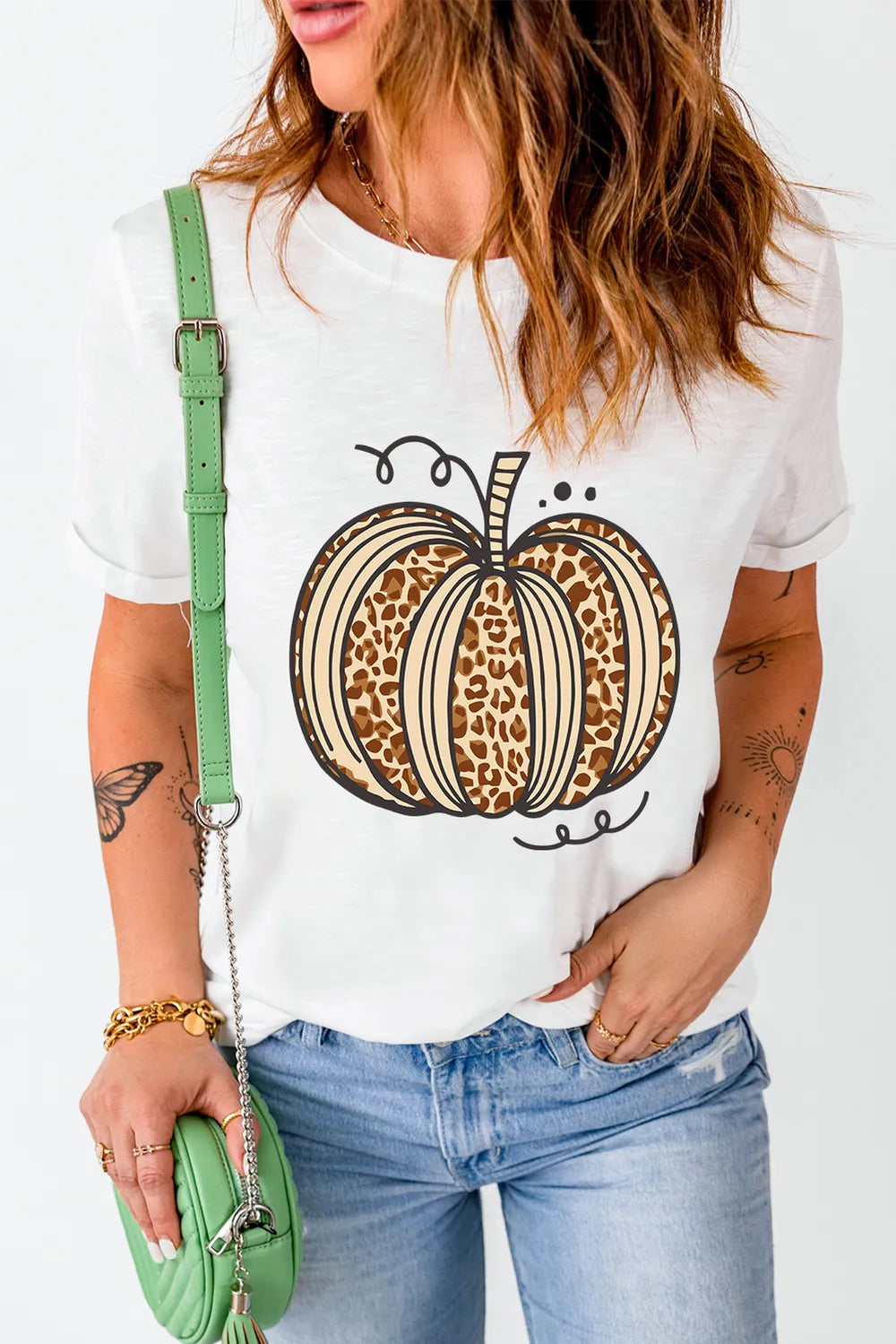 Pumpkin Round Neck Short Sleeve T-Shirt OutfitFlow