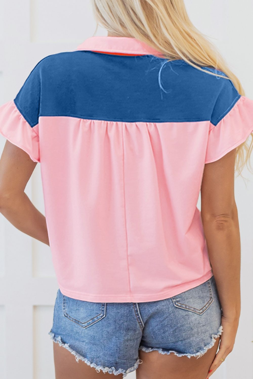 Color Block Half Buttoned Ruffled Short Sleeve T Shirt OutfitFlow