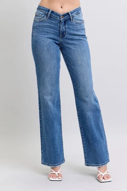 Judy Blue Full Size High Waist V-Front Vintage Wash Straight Jeans Plus Size OutfitFlow