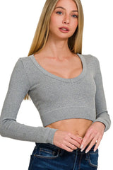Zenana Seamless Fitted Rib V-neck Long Sleeve Crop Top OutfitFlow