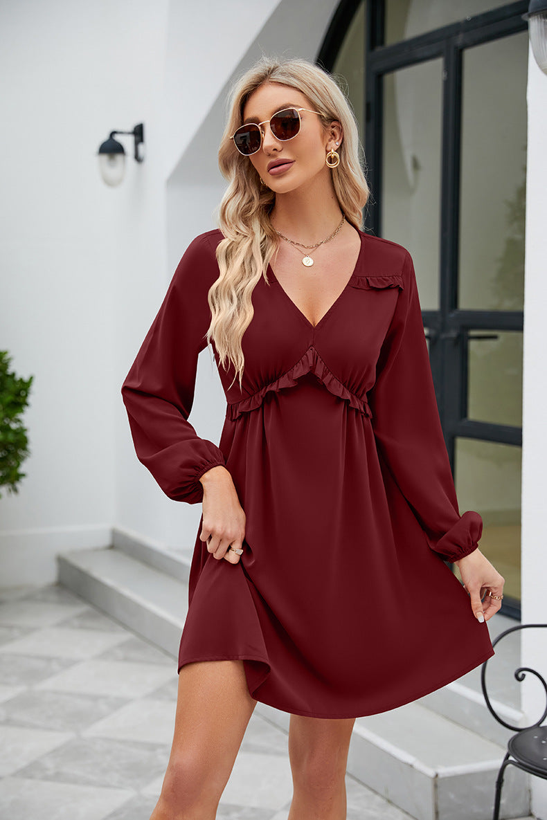 Frill Trim V-Neck Long Sleeve Dress Burgundy OutfitFlow
