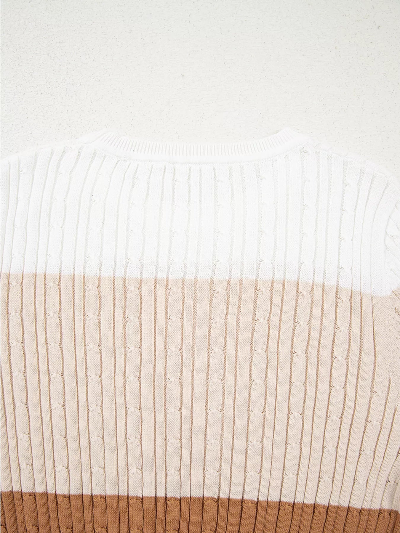 Colorblock Cable Knit Round Neck Sweater OutfitFlow