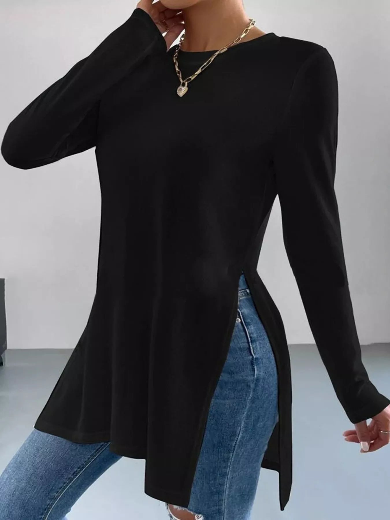 Long Sleeve Side Slit T-Shirt Black Trendsi