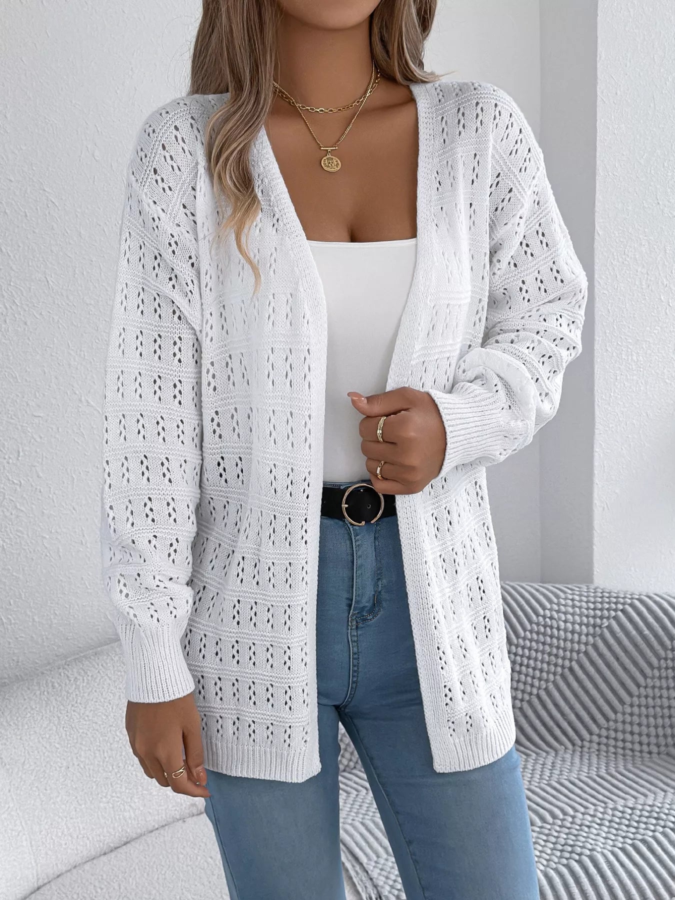 Open-Front Crochet Knit Cardigan OutfitFlow