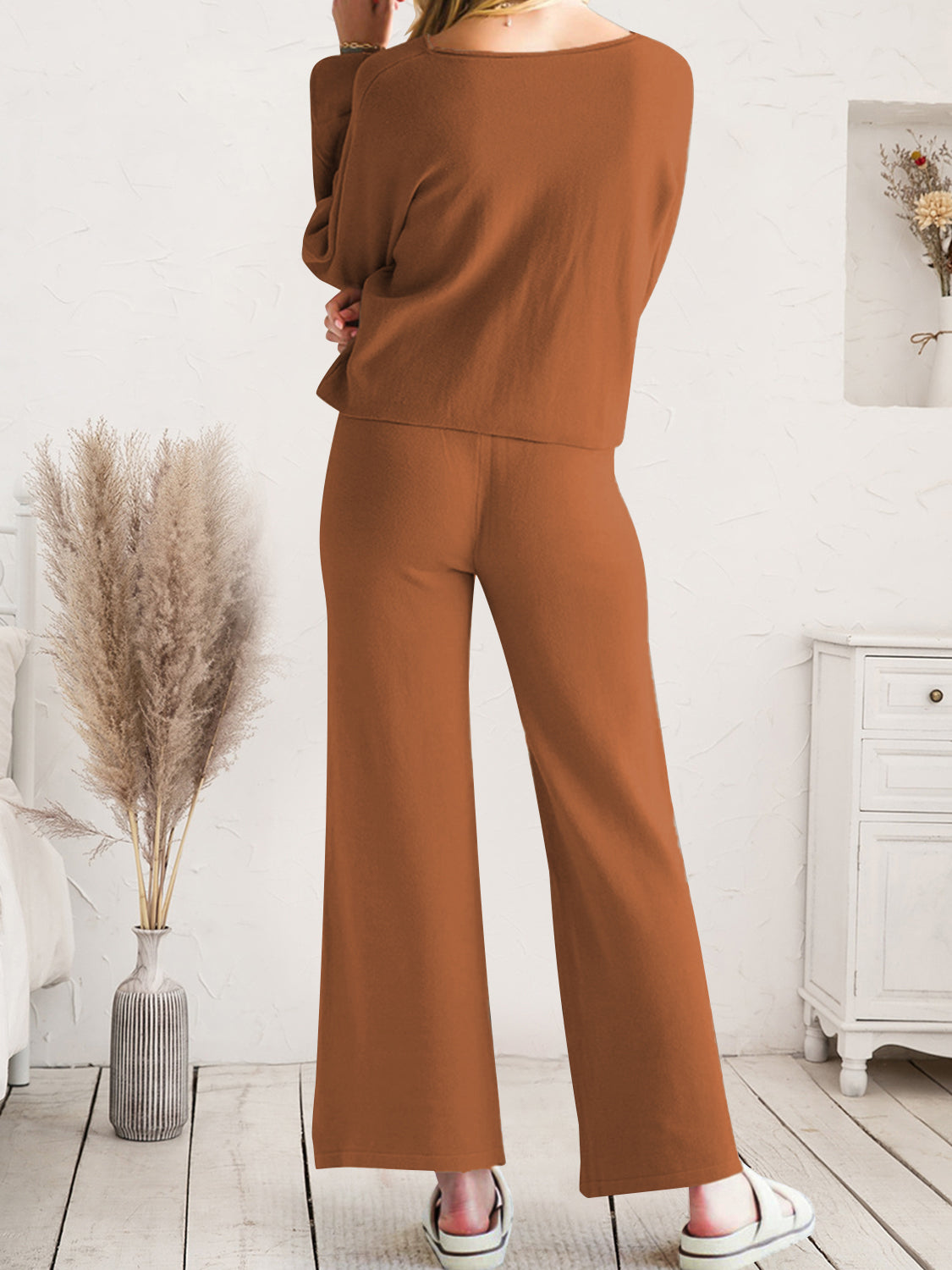 Outfit Flow - Long Sleeve Lounge Top and Drawstring Pants Set