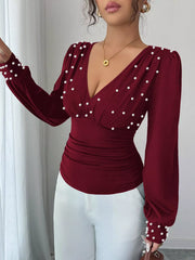 Pearl Embellished V-Neck Blouse Burgundy OutfitFlow
