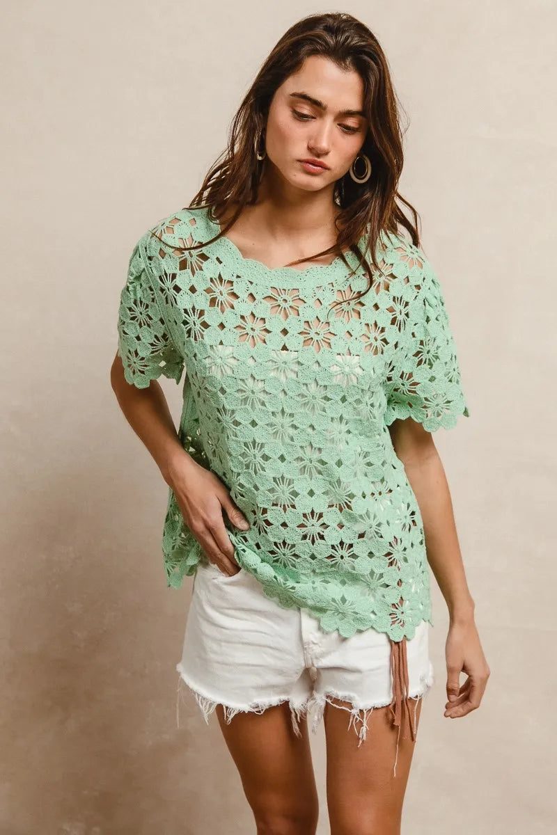 BiBi Openwork Crochet Short Sleeve Knit Top OutfitFlow