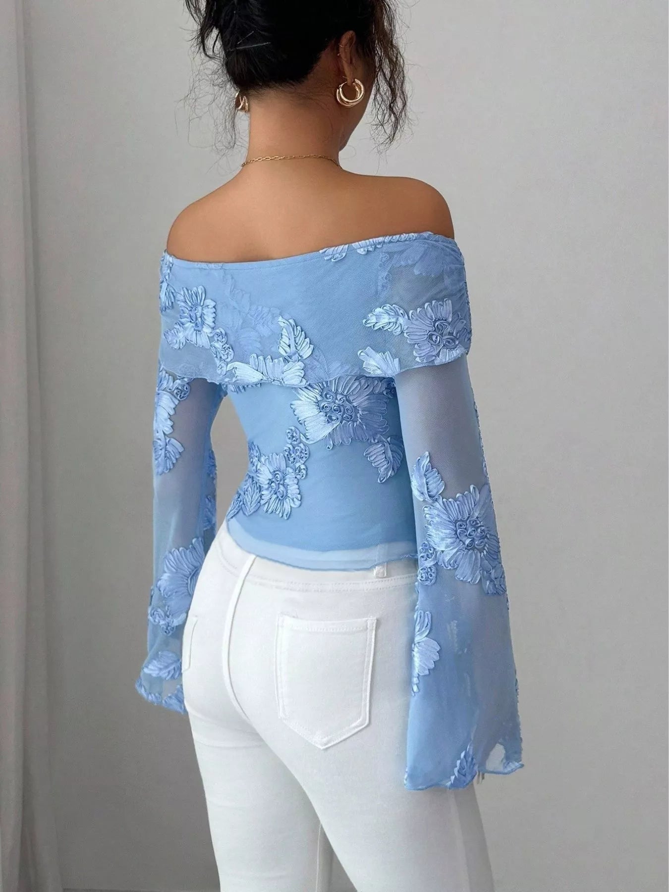Floral Off-Shoulder Mesh Blouse OutfitFlow