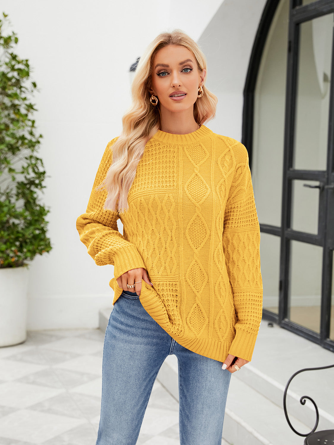 Round Neck Dropped Shoulder Sweater Gold OutfitFlow