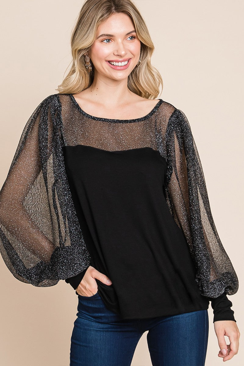 Outfit Flow - Super Lady Full Size Metallic Mesh Lantern Sleeve Blouse