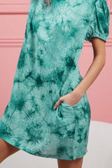 BiBi Puff Sleeve With Side Pockets Tie Dye Dress OutfitFlow
