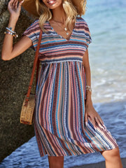 Striped V-Neck Short Sleeve Dress OutfitFlow