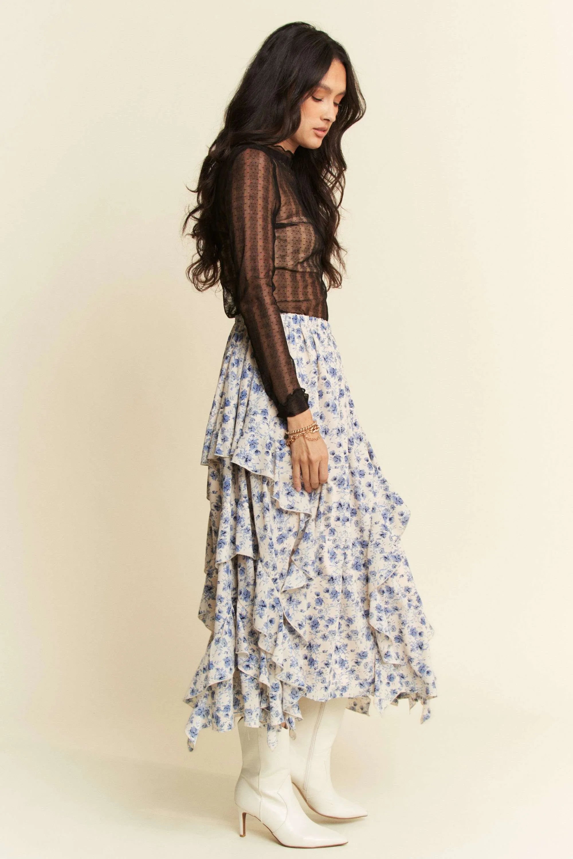 Davi & Dani Turtle Neck Lace Dotted Stretch Mesh Sheer Top OutfitFlow