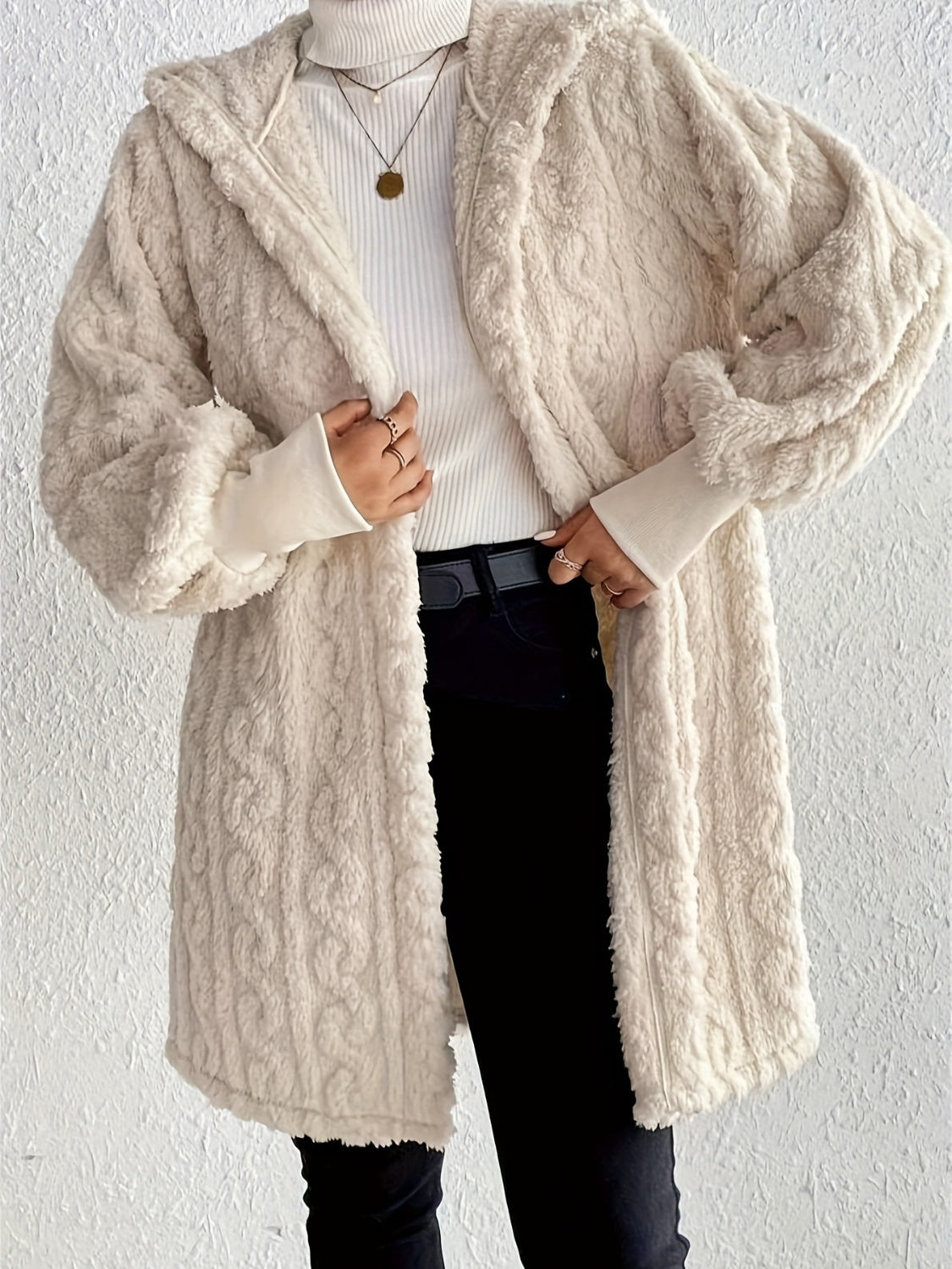 Outfit Flow - Open Front Long Sleeve Fuzzy Hooded Jacket