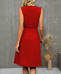 V-Neck Sleeveless Midi Dress with Lace Trim OutfitFlow
