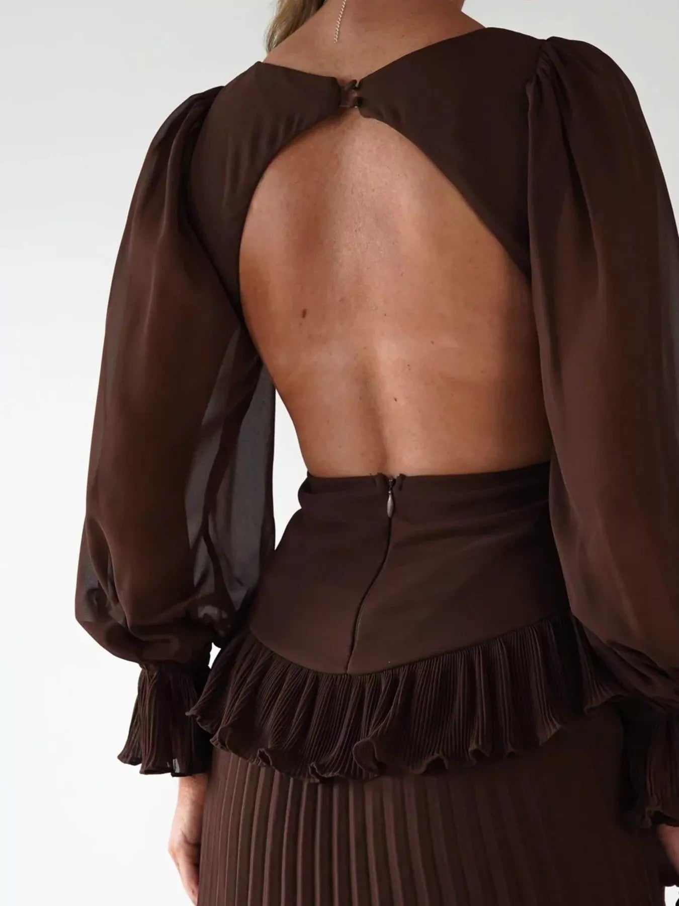 Backless Pleated Long Sleeve Maxi Dress OutfitFlow