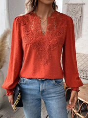 Swiss Dot Lace Detail Long Sleeve Blouse Deep Red OutfitFlow
